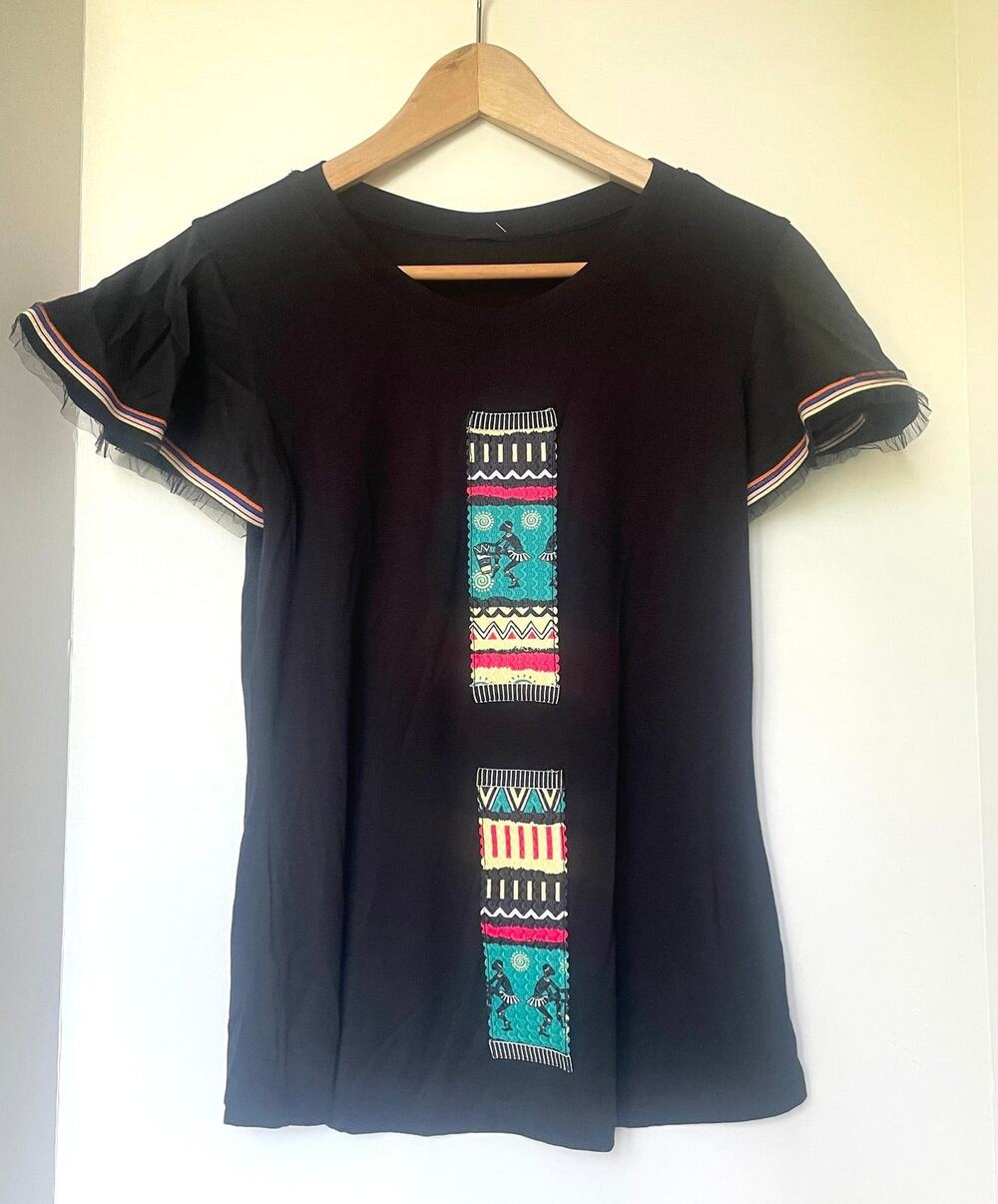 Save The Queen Black African Motif Puff Sleeve Jersey Top Small